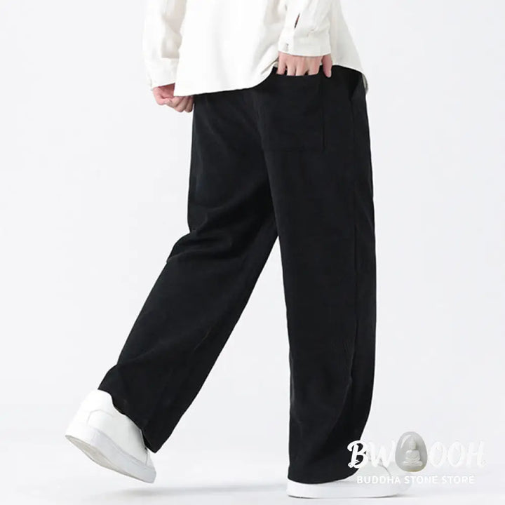 Buddha Stones Plain Chinese Frog-Button Design Drawstring Men’s Corduroy Pants With Pockets - Men’s Pants