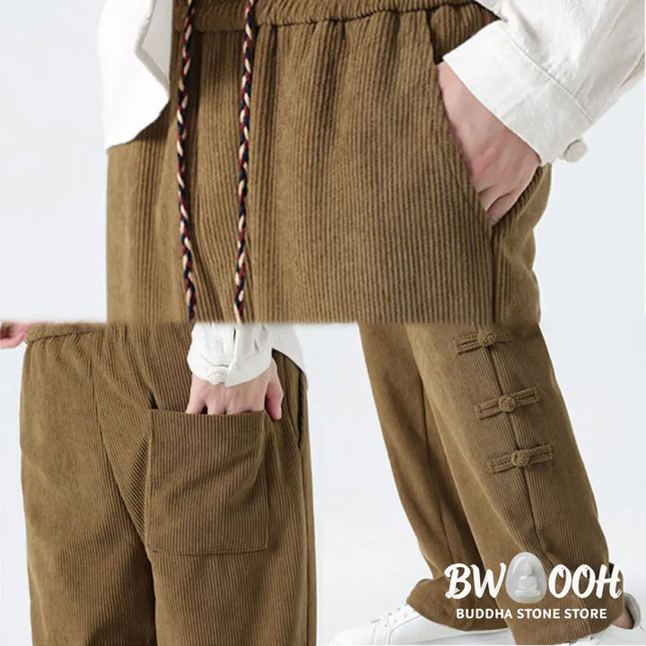 Buddha Stones Plain Chinese Frog-Button Design Drawstring Men’s Corduroy Pants With Pockets - Men’s Pants