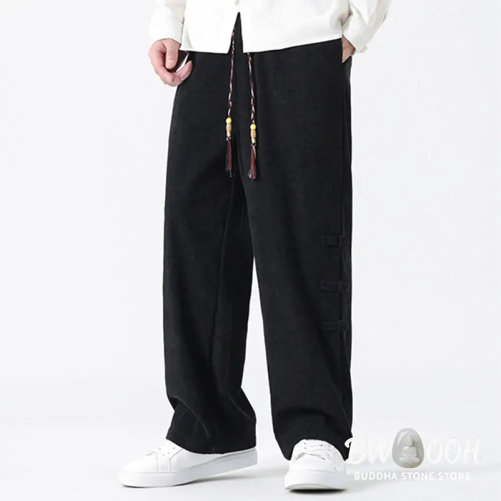 Buddha Stones Plain Chinese Frog-Button Design Drawstring Men’s Corduroy Pants With Pockets - Men’s Pants