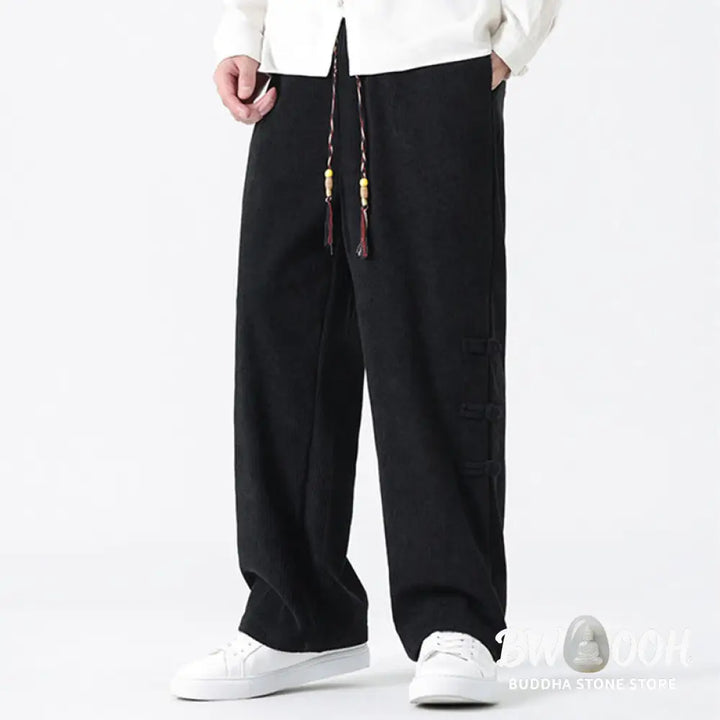 Buddha Stones Plain Chinese Frog-Button Design Drawstring Men’s Corduroy Pants With Pockets - Men’s Pants