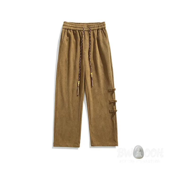 Buddha Stones Plain Chinese Frog-Button Design Drawstring Men’s Corduroy Pants With Pockets - Men’s Pants