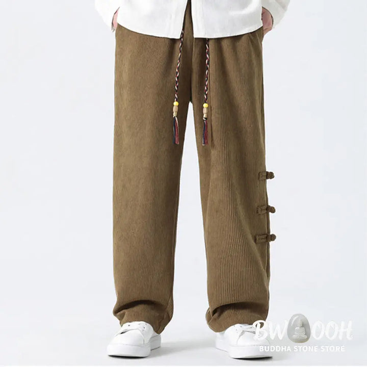 Buddha Stones Plain Chinese Frog-Button Design Drawstring Men’s Corduroy Pants With Pockets - Men’s Pants