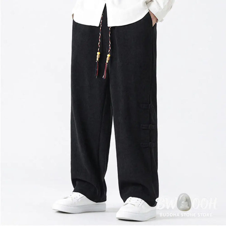 Buddha Stones Plain Chinese Frog-Button Design Drawstring Men’s Corduroy Pants With Pockets - Men’s Pants
