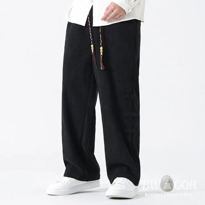 Buddha Stones Plain Chinese Frog-Button Design Drawstring Men’s Corduroy Pants With Pockets - Men’s Pants