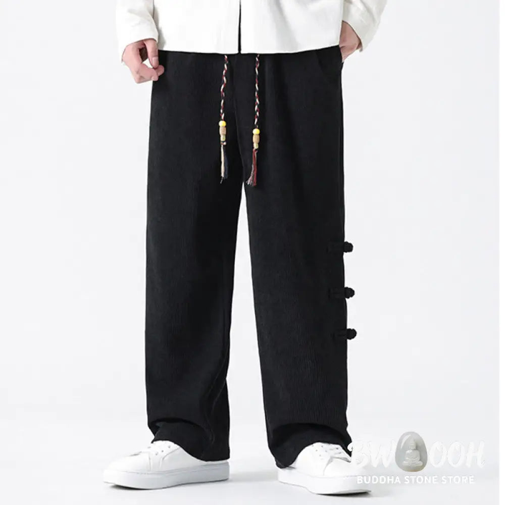 Buddha Stones Plain Chinese Frog-Button Design Drawstring Men’s Corduroy Pants With Pockets - Men’s Pants