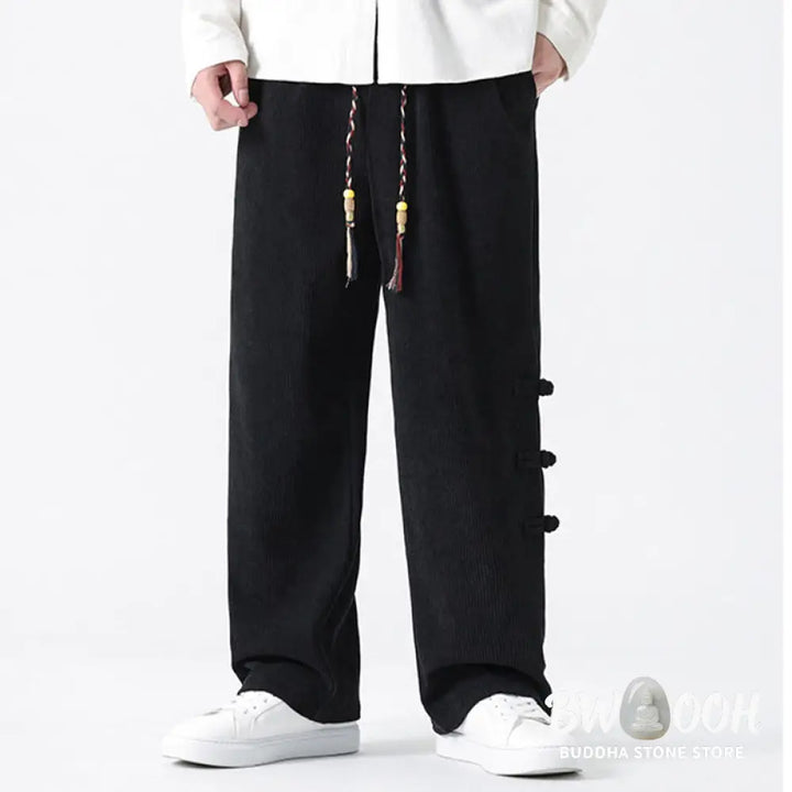 Buddha Stones Plain Chinese Frog-Button Design Drawstring Men’s Corduroy Pants With Pockets - Men’s Pants