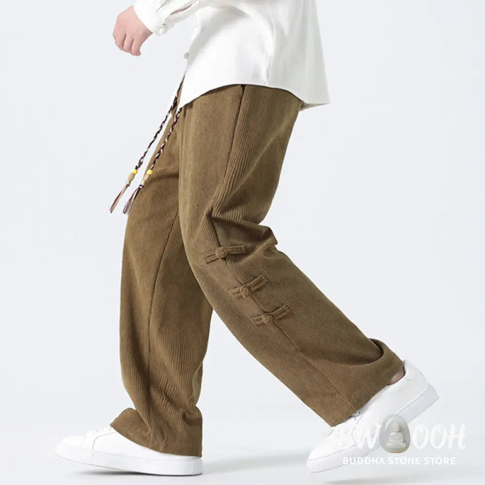 Buddha Stones Plain Chinese Frog-Button Design Drawstring Men’s Corduroy Pants With Pockets - Men’s Pants