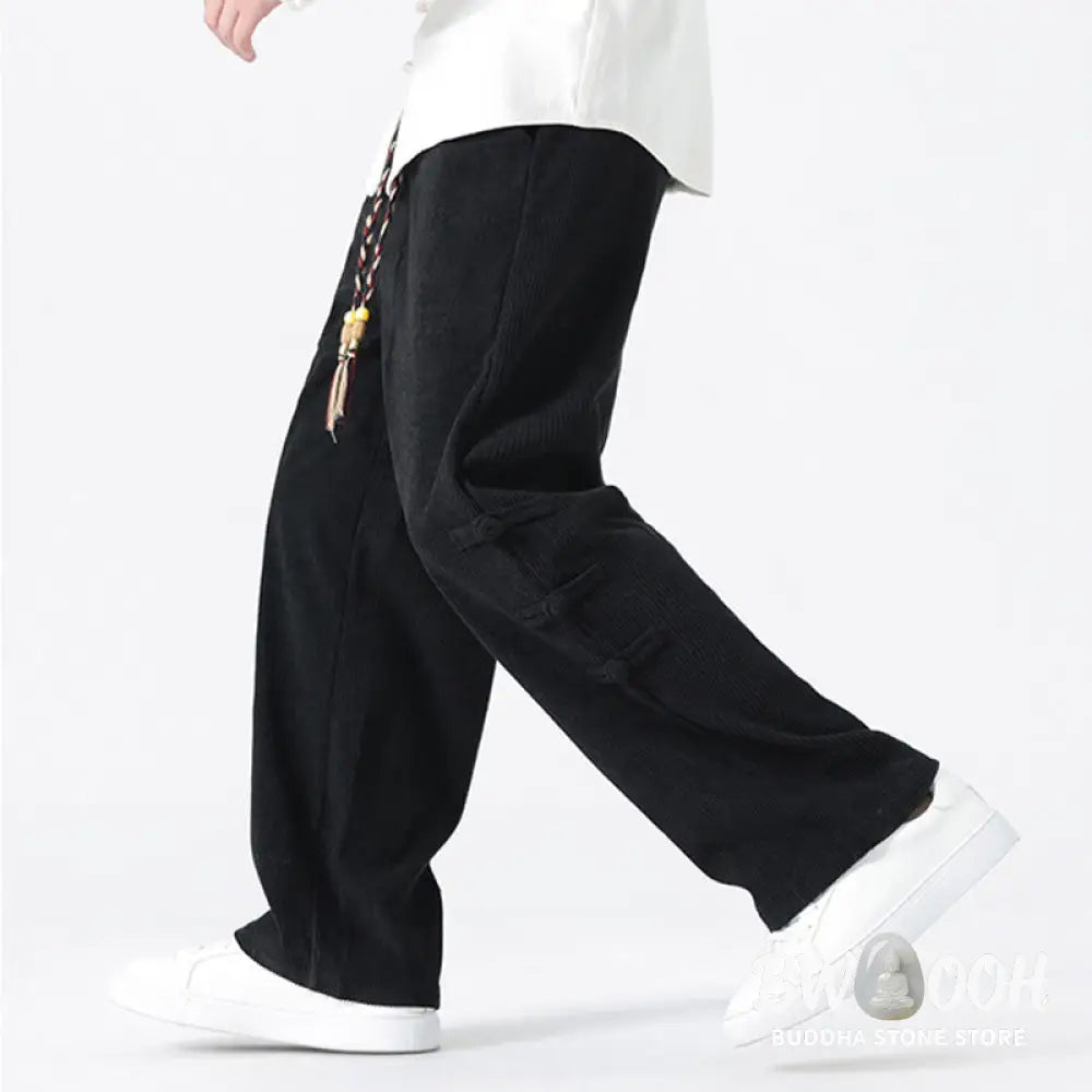 Buddha Stones Plain Chinese Frog-Button Design Drawstring Men’s Corduroy Pants With Pockets - Men’s Pants