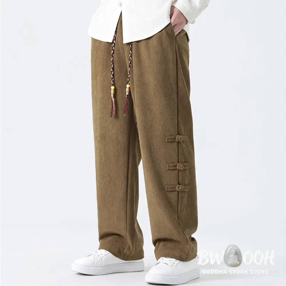 Buddha Stones Plain Chinese Frog-Button Design Drawstring Men’s Corduroy Pants With Pockets - Men’s Pants