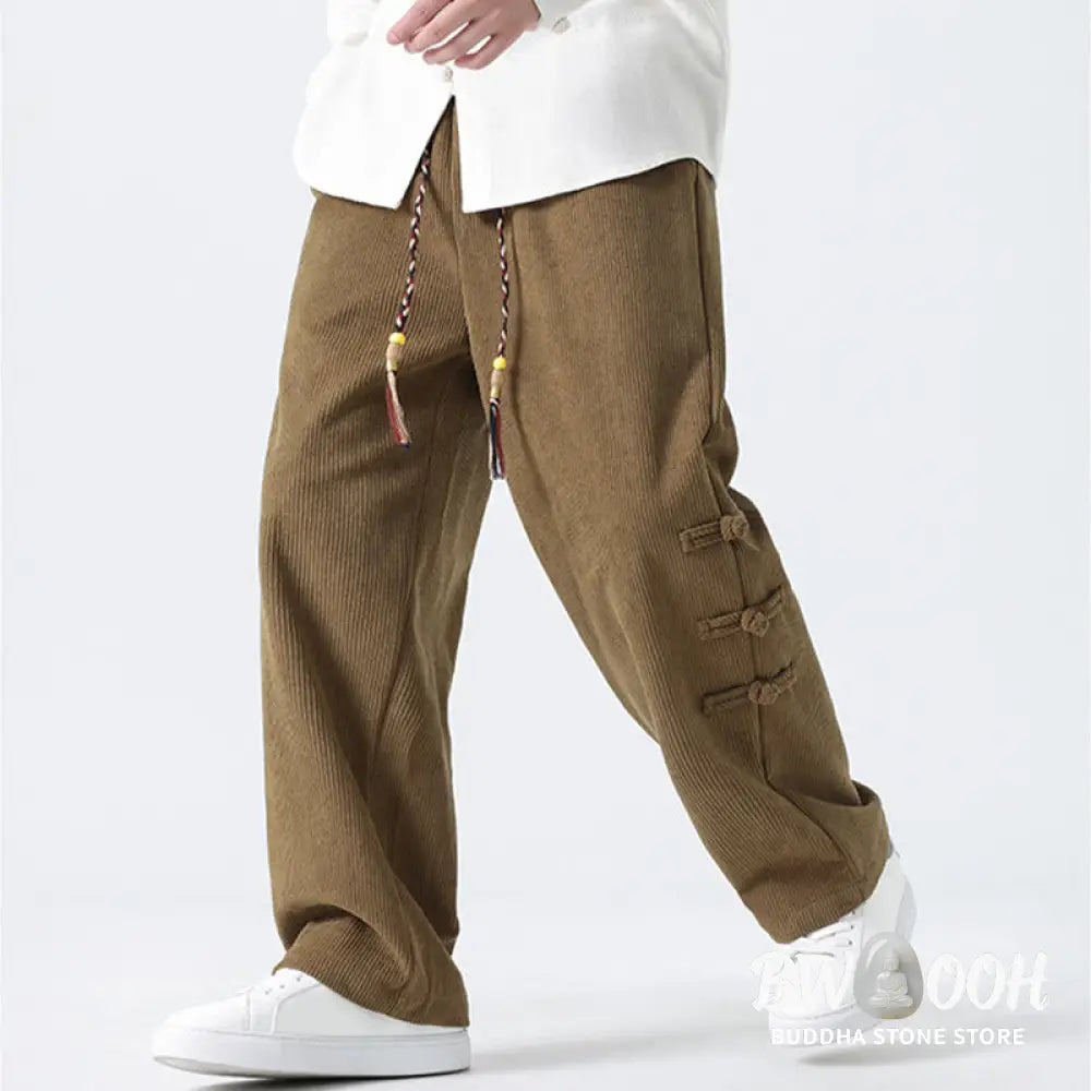 Buddha Stones Plain Chinese Frog-Button Design Drawstring Men’s Corduroy Pants With Pockets - Men’s Pants