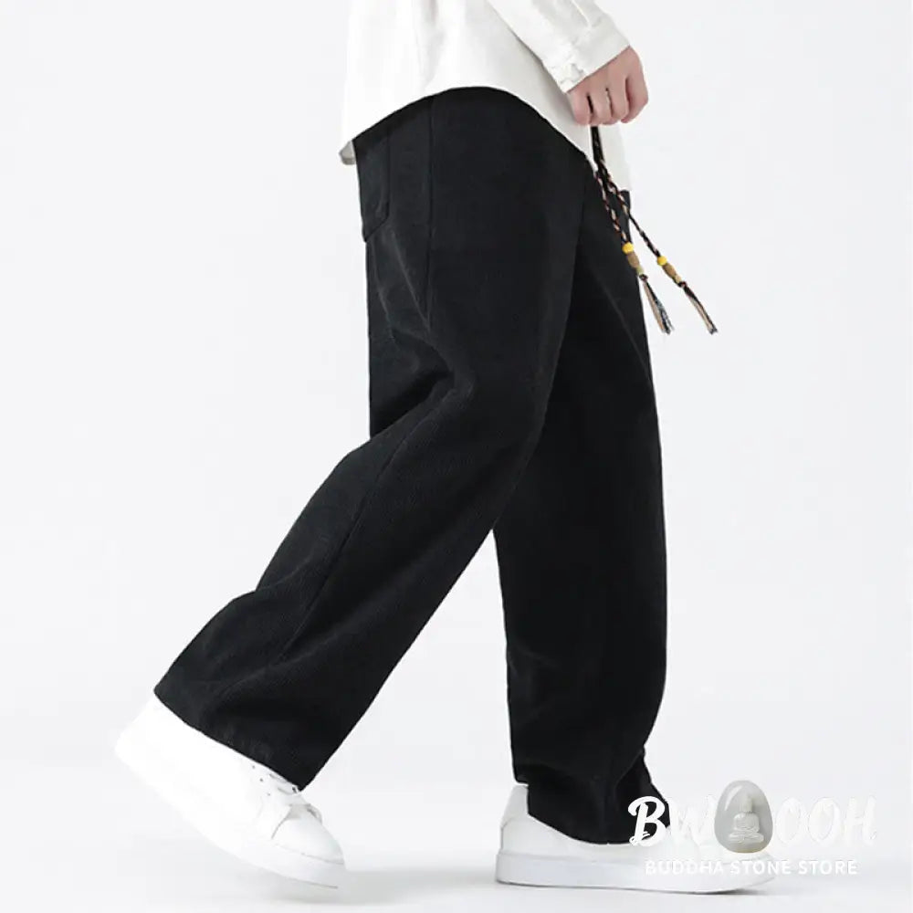 Buddha Stones Plain Chinese Frog-Button Design Drawstring Men’s Corduroy Pants With Pockets - Men’s Pants