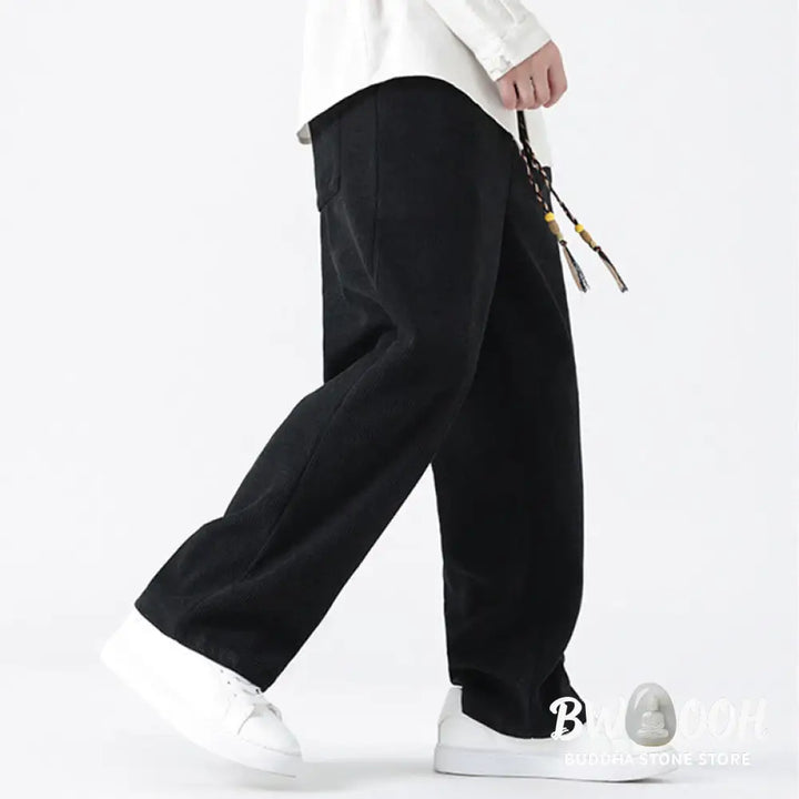 Buddha Stones Plain Chinese Frog-Button Design Drawstring Men’s Corduroy Pants With Pockets - Men’s Pants