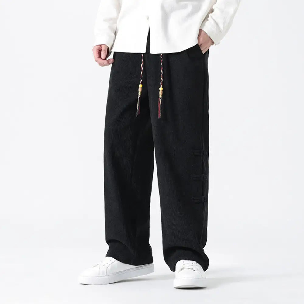 Buddha Stones Plain Chinese Frog-Button Design Drawstring Men’s Corduroy Pants With Pockets - Black / US/UK/AU38，EU48
