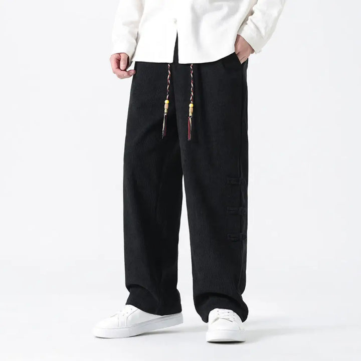 Buddha Stones Plain Chinese Frog-Button Design Drawstring Men’s Corduroy Pants With Pockets - Black / US/UK/AU38，EU48