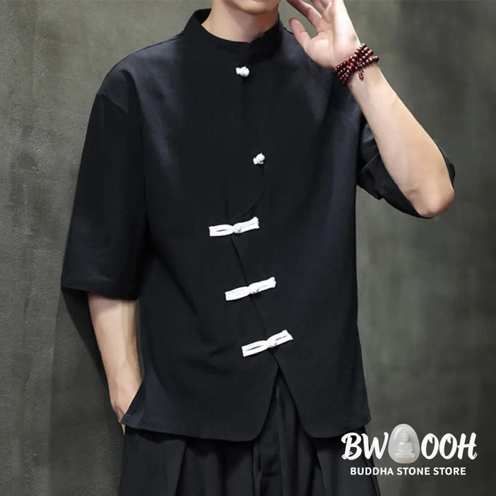 Buddha Stones Plain Chinese Frog-Button Stand Collar Cotton Linen Men’s Half Sleeve Shirt - Men’s Shirts