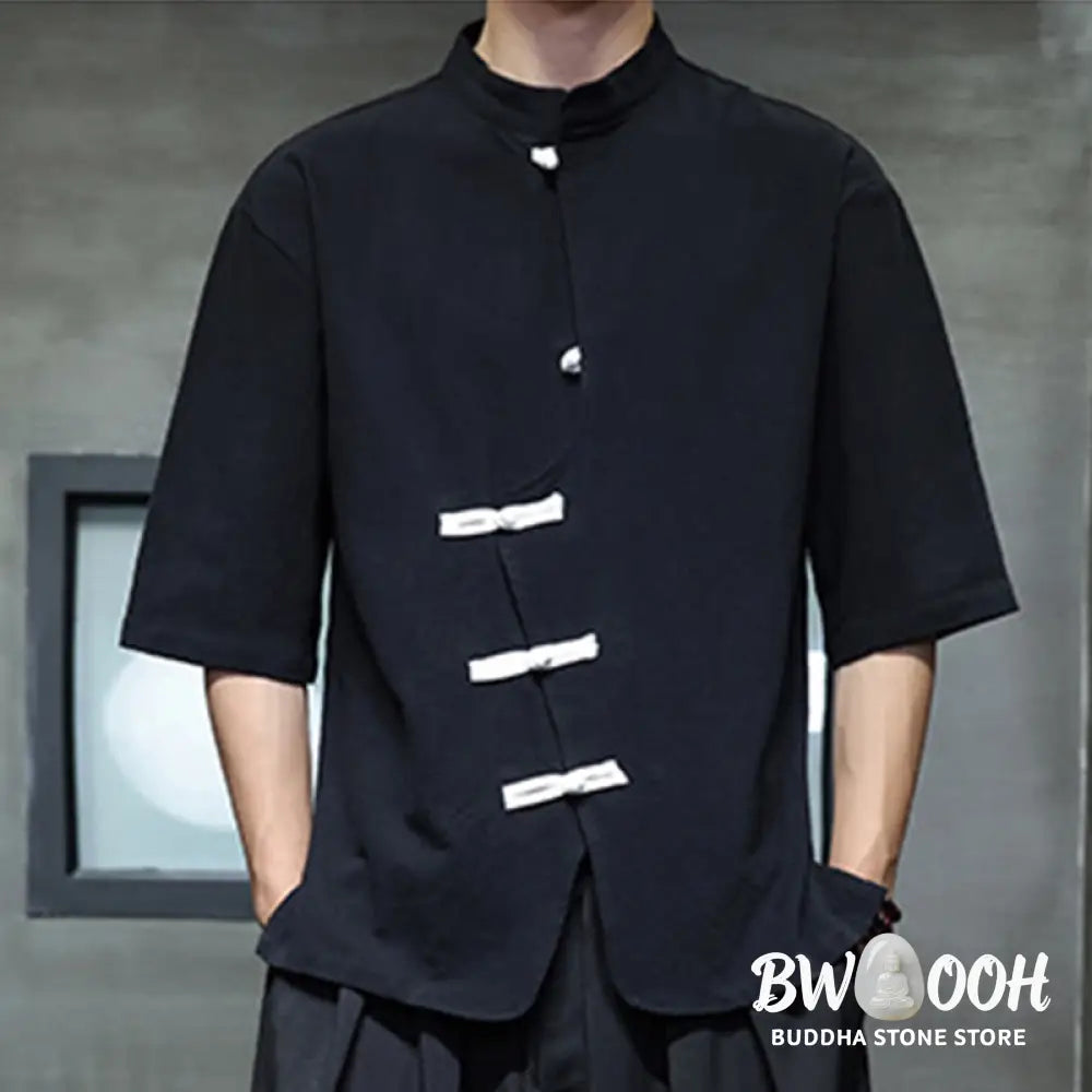 Buddha Stones Plain Chinese Frog-Button Stand Collar Cotton Linen Men’s Half Sleeve Shirt - Men’s Shirts