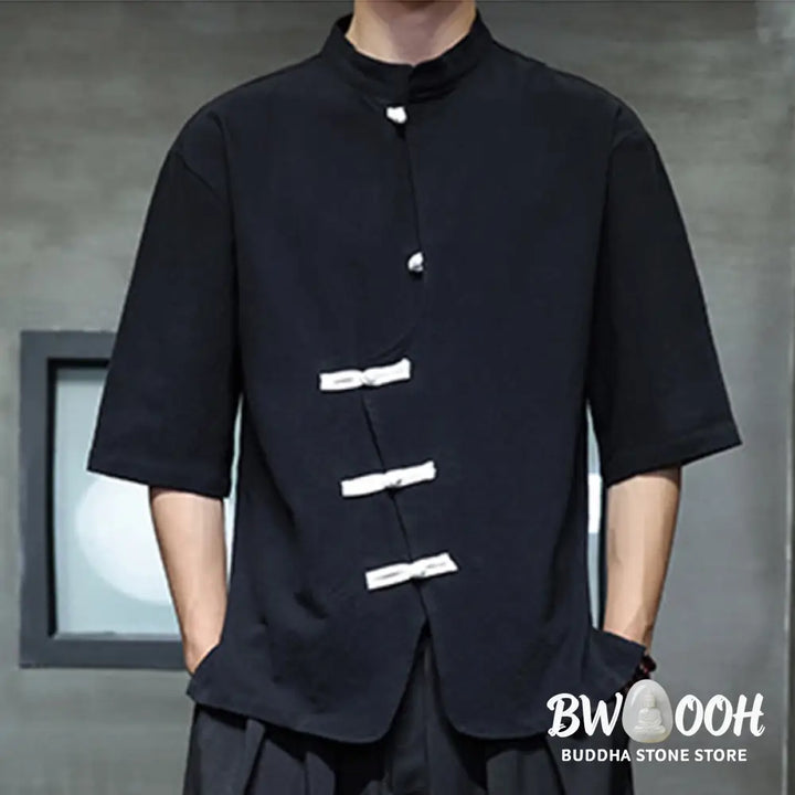 Buddha Stones Plain Chinese Frog-Button Stand Collar Cotton Linen Men’s Half Sleeve Shirt - Men’s Shirts
