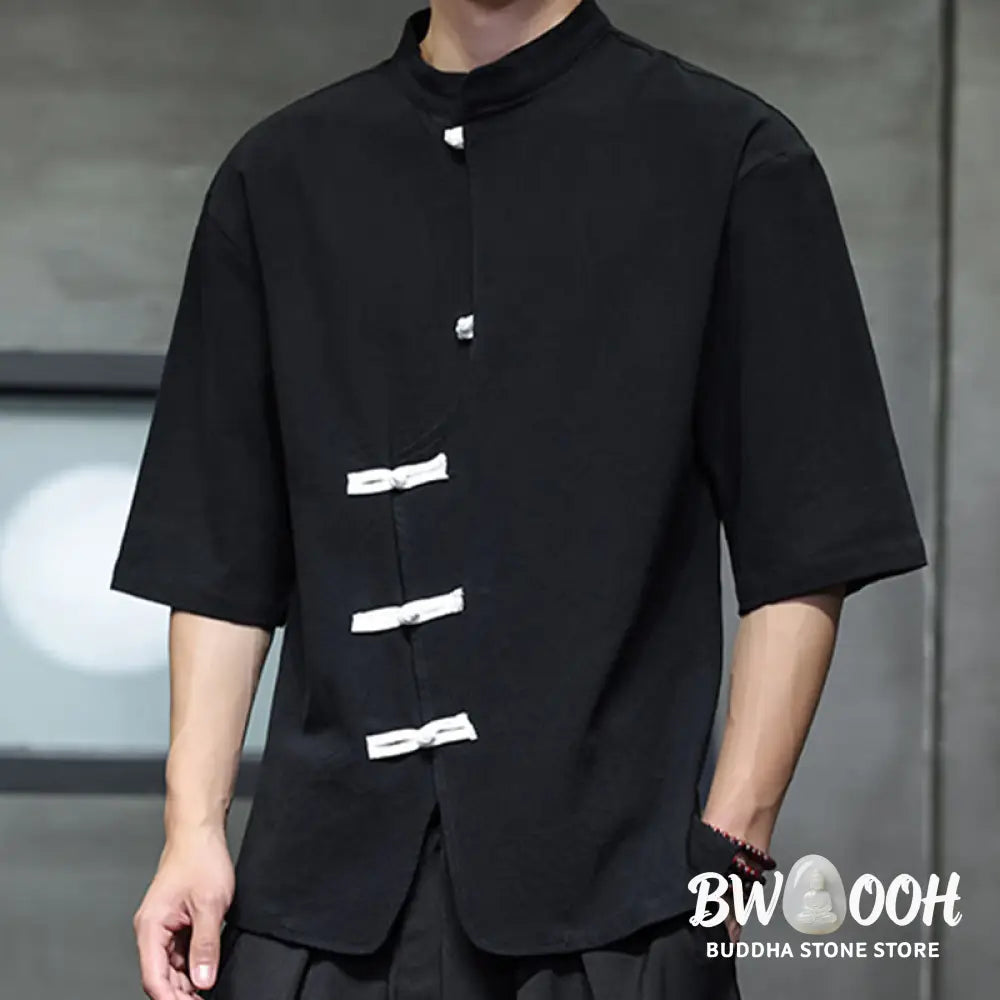 Buddha Stones Plain Chinese Frog-Button Stand Collar Cotton Linen Men’s Half Sleeve Shirt - Men’s Shirts