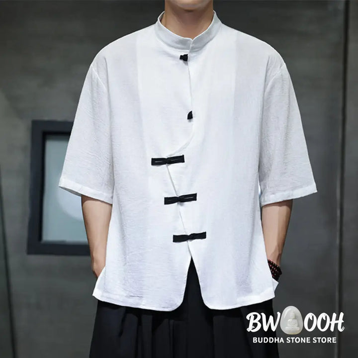 Buddha Stones Plain Chinese Frog-Button Stand Collar Cotton Linen Men’s Half Sleeve Shirt - Men’s Shirts
