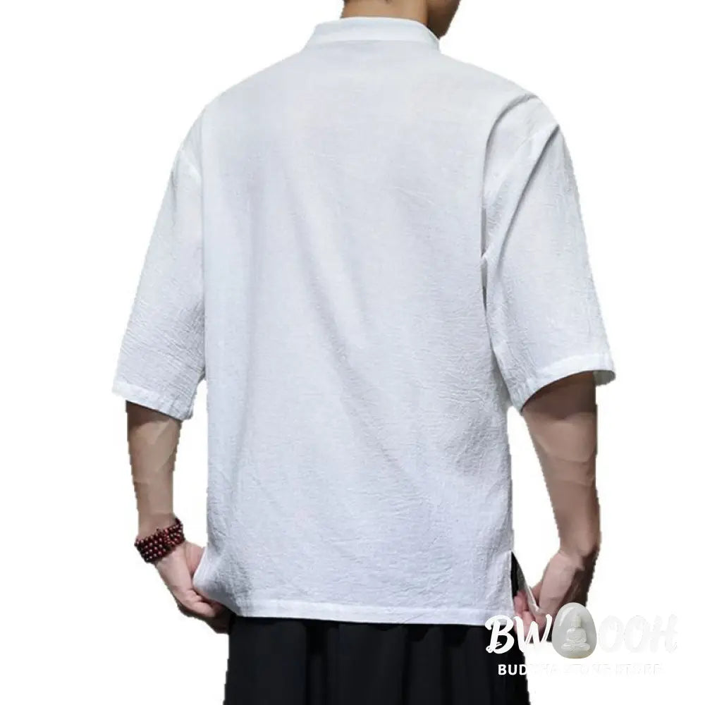 Buddha Stones Plain Chinese Frog-Button Stand Collar Cotton Linen Men’s Half Sleeve Shirt - Men’s Shirts