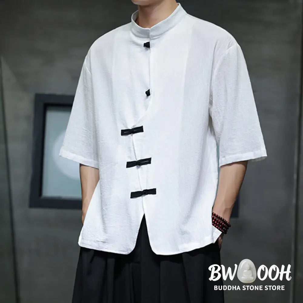 Buddha Stones Plain Chinese Frog-Button Stand Collar Cotton Linen Men’s Half Sleeve Shirt - Men’s Shirts