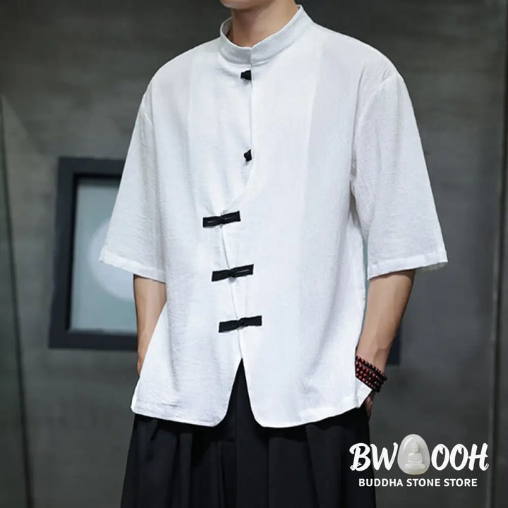 Buddha Stones Plain Chinese Frog-Button Stand Collar Cotton Linen Men’s Half Sleeve Shirt - Men’s Shirts