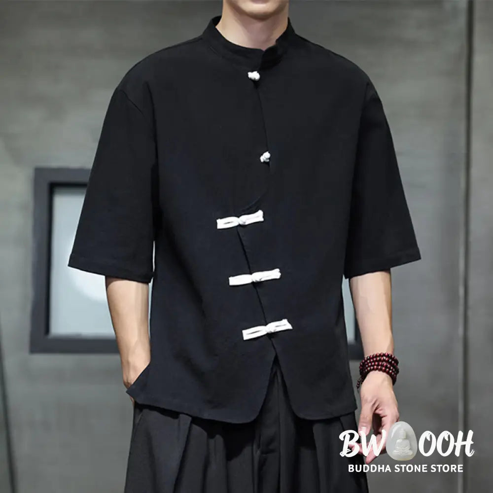 Buddha Stones Plain Chinese Frog-Button Stand Collar Cotton Linen Men’s Half Sleeve Shirt - Men’s Shirts