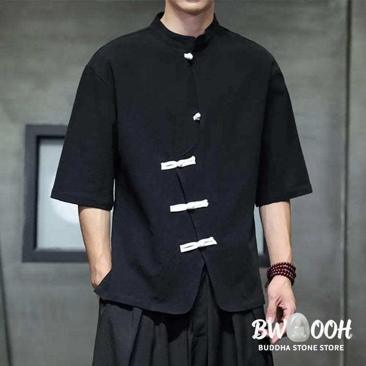 Buddha Stones Plain Chinese Frog-Button Stand Collar Cotton Linen Men’s Half Sleeve Shirt - Men’s Shirts