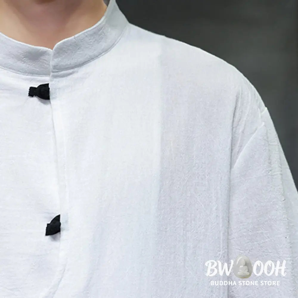 Buddha Stones Plain Chinese Frog-Button Stand Collar Cotton Linen Men’s Half Sleeve Shirt - Men’s Shirts