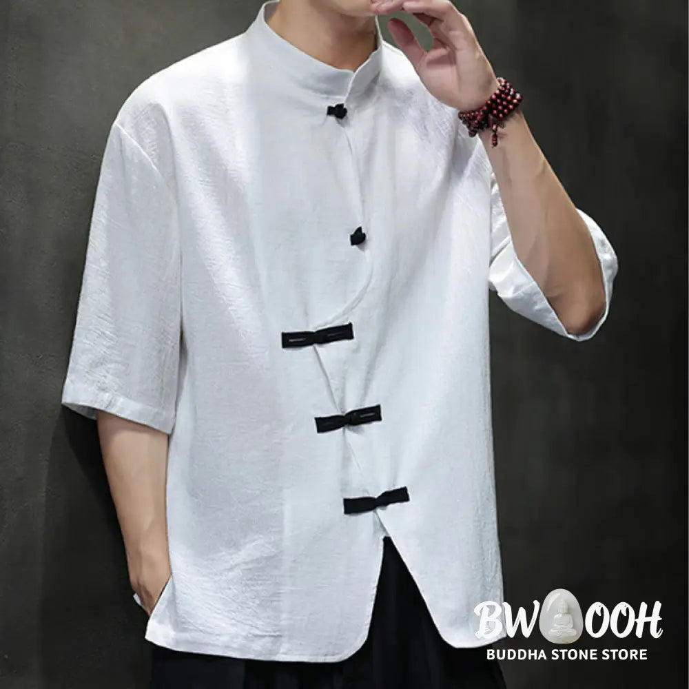 Buddha Stones Plain Chinese Frog-Button Stand Collar Cotton Linen Men’s Half Sleeve Shirt - Men’s Shirts