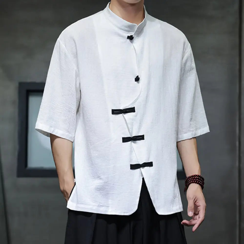 Buddha Stones Plain Chinese Frog-Button Stand Collar Cotton Linen Men’s Half Sleeve Shirt - White / US/UK/AU36，EU46 (L)