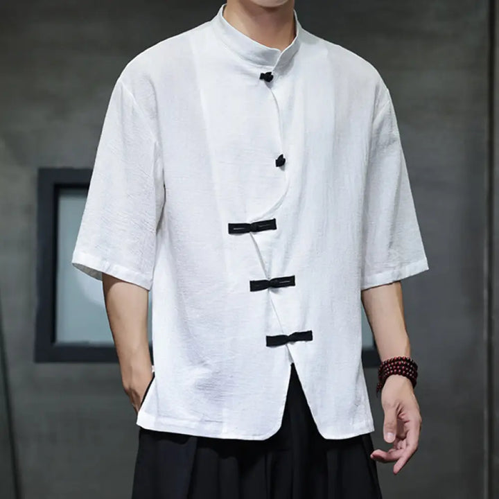Buddha Stones Plain Chinese Frog-Button Stand Collar Cotton Linen Men’s Half Sleeve Shirt - White / US/UK/AU36，EU46 (L)