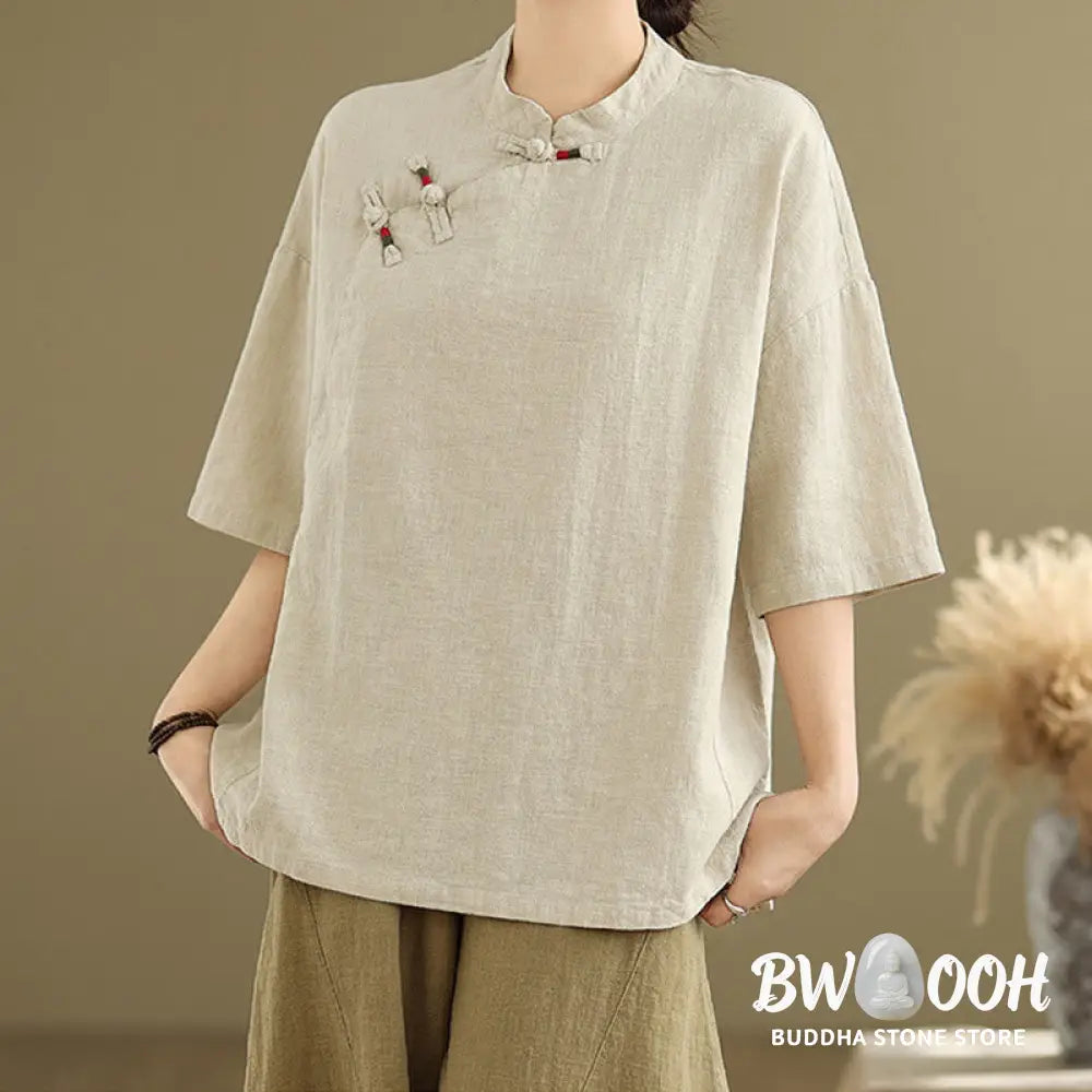 Buddha Stones Plain Chinese Frog-Button Stand Collar Design Women’s Cotton Linen Half Sleeve Shirt - Women’s Shirts