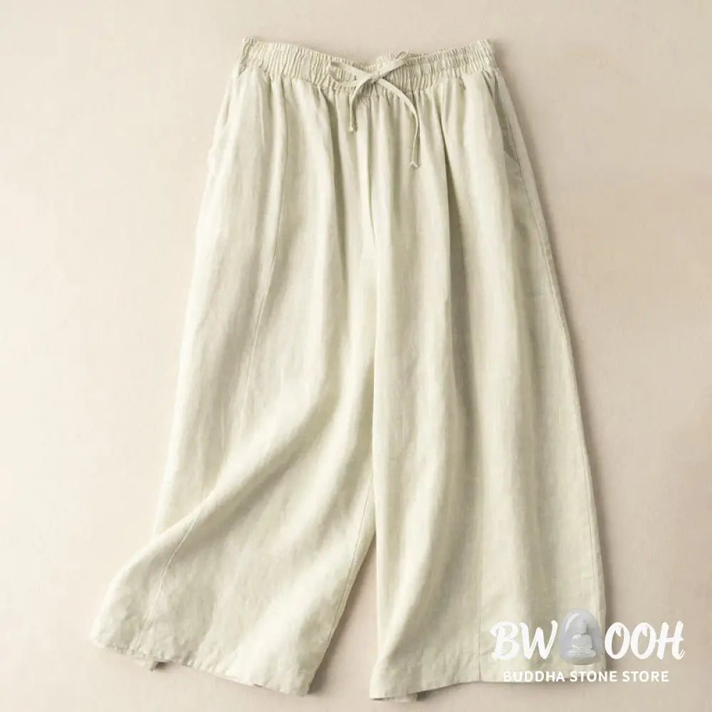 Buddha Stones Plain Color 7-8 Length Capri Cropped Pants Cotton Linen Women’s Wide Leg Pants With Pockets - Women’s