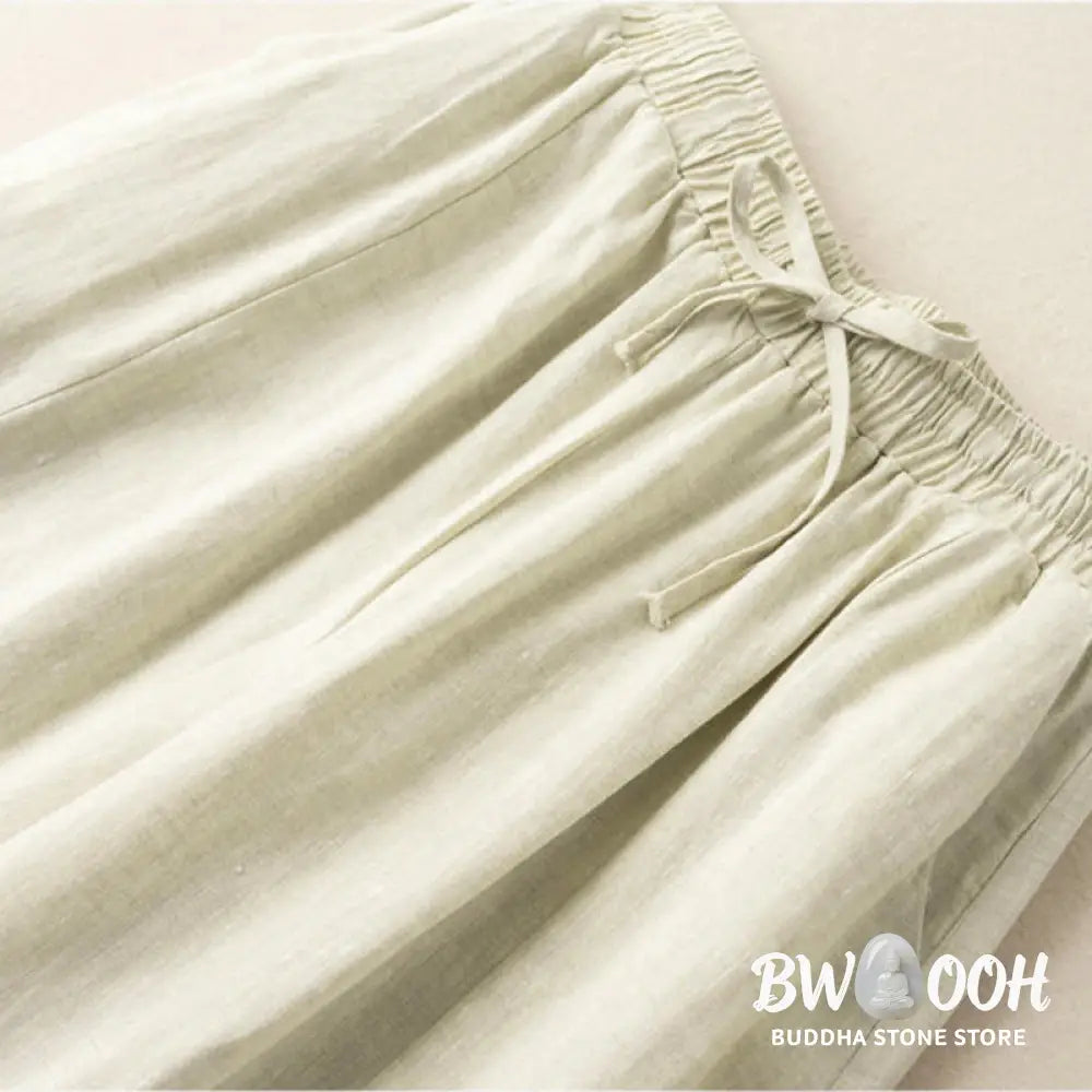 Buddha Stones Plain Color 7-8 Length Capri Cropped Pants Cotton Linen Women’s Wide Leg Pants With Pockets - Women’s