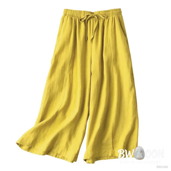 Buddha Stones Plain Color 7-8 Length Capri Cropped Pants Cotton Linen Women’s Wide Leg Pants With Pockets - Women’s