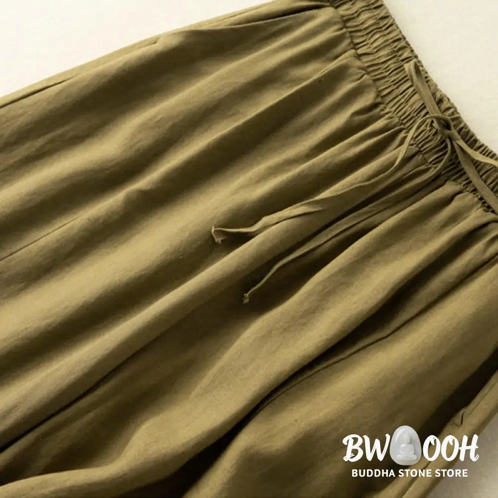 Buddha Stones Plain Color 7-8 Length Capri Cropped Pants Cotton Linen Women’s Wide Leg Pants With Pockets - Women’s