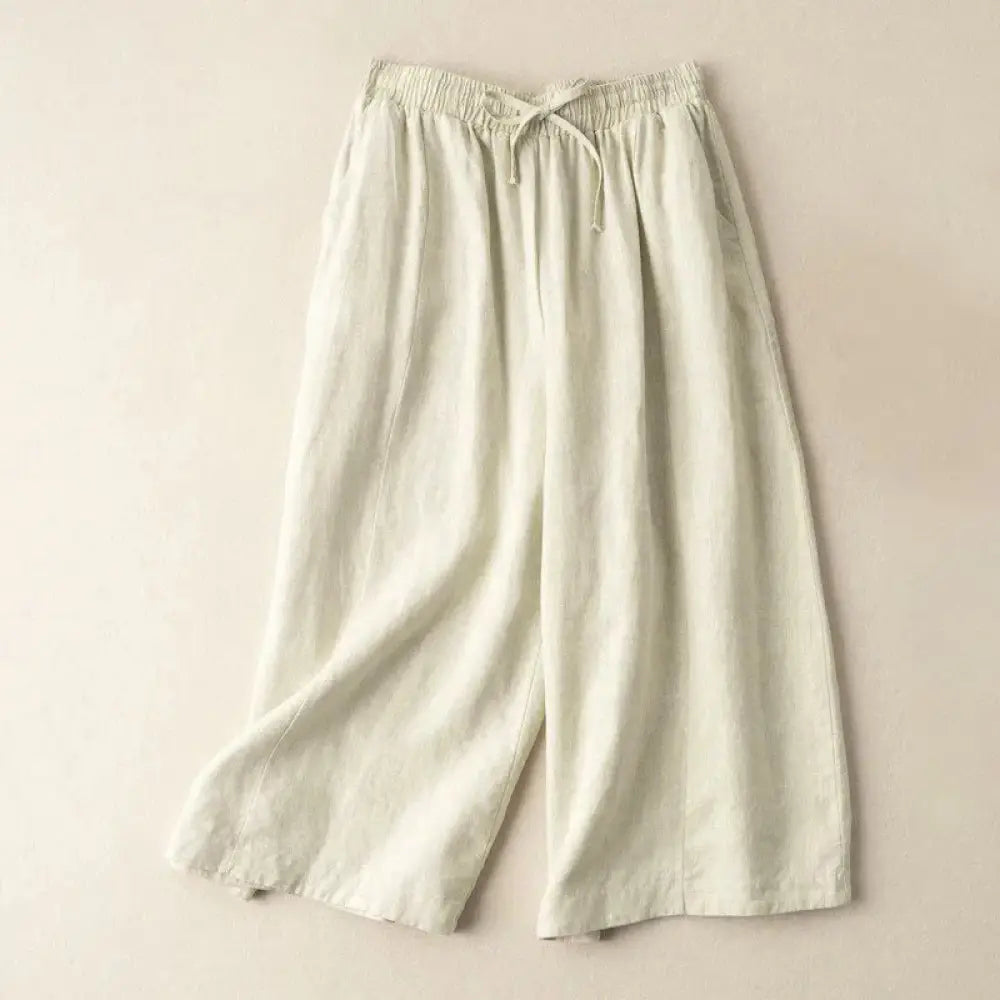 Buddha Stones Plain Color 7-8 Length Capri Cropped Pants Cotton Linen Women’s Wide Leg Pants With Pockets - Beige