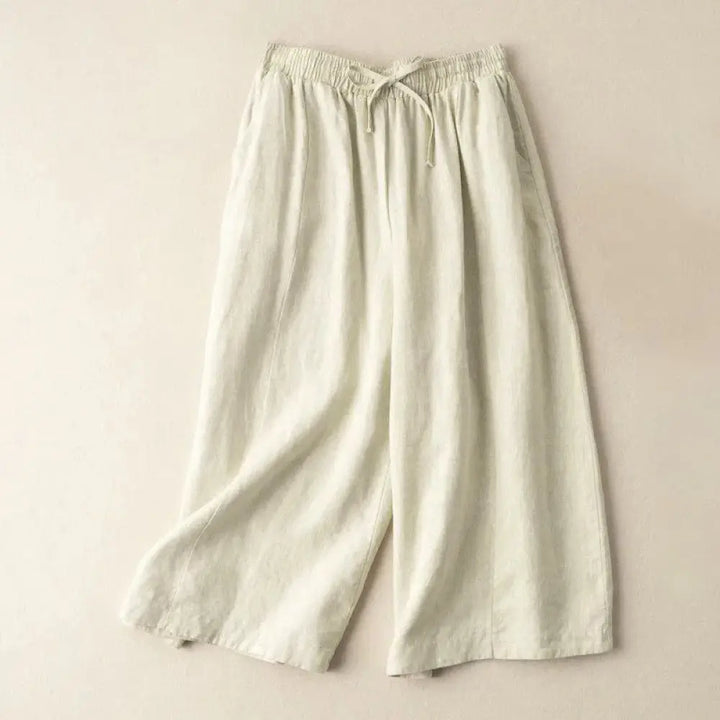 Buddha Stones Plain Color 7-8 Length Capri Cropped Pants Cotton Linen Women’s Wide Leg Pants With Pockets - Beige