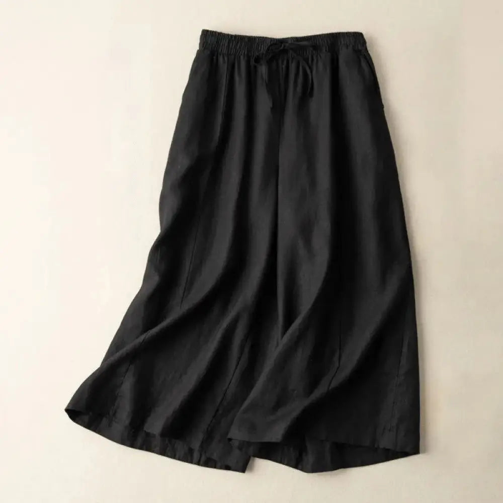 Buddha Stones Plain Color 7-8 Length Capri Cropped Pants Cotton Linen Women’s Wide Leg Pants With Pockets - Black
