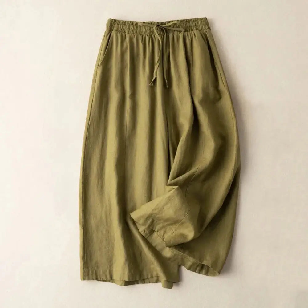 Buddha Stones Plain Color 7-8 Length Capri Cropped Pants Cotton Linen Women’s Wide Leg Pants With Pockets