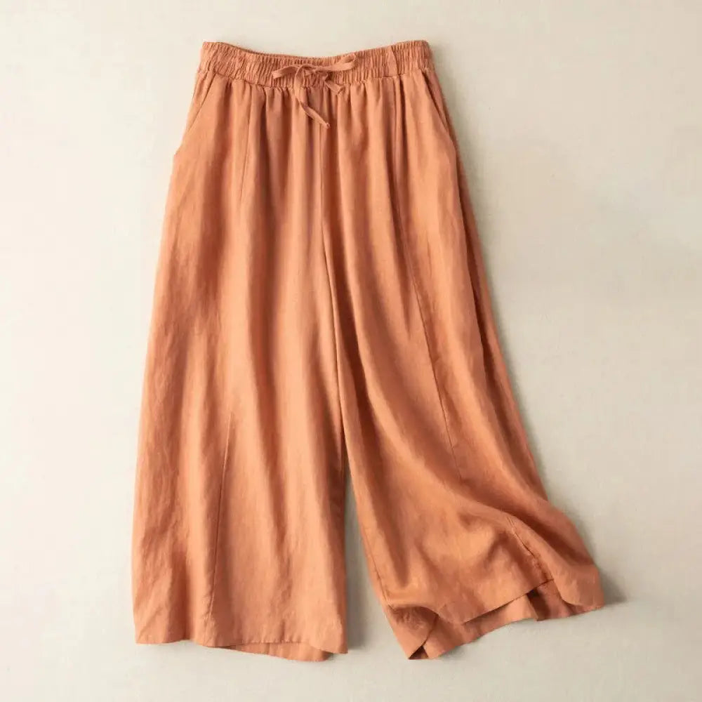 Buddha Stones Plain Color 7-8 Length Capri Cropped Pants Cotton Linen Women’s Wide Leg Pants With Pockets - DarkOrange