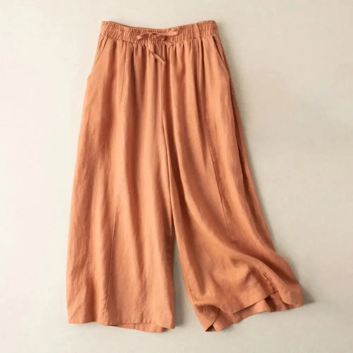 Buddha Stones Plain Color 7-8 Length Capri Cropped Pants Cotton Linen Women’s Wide Leg Pants With Pockets - DarkOrange