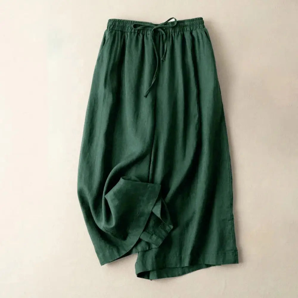 Buddha Stones Plain Color 7-8 Length Capri Cropped Pants Cotton Linen Women’s Wide Leg Pants With Pockets