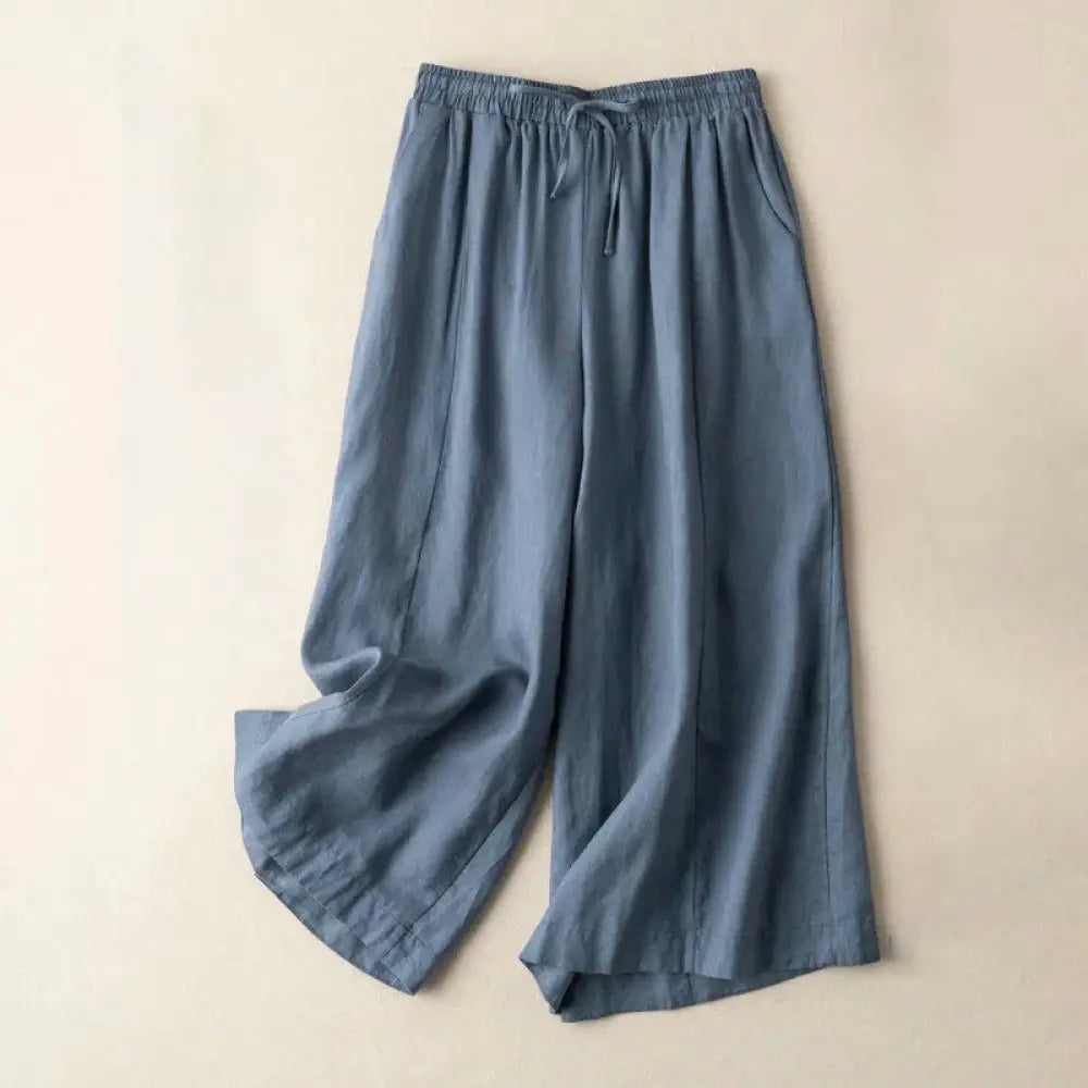 Buddha Stones Plain Color 7-8 Length Capri Cropped Pants Cotton Linen Women’s Wide Leg Pants With Pockets - SteelBlue