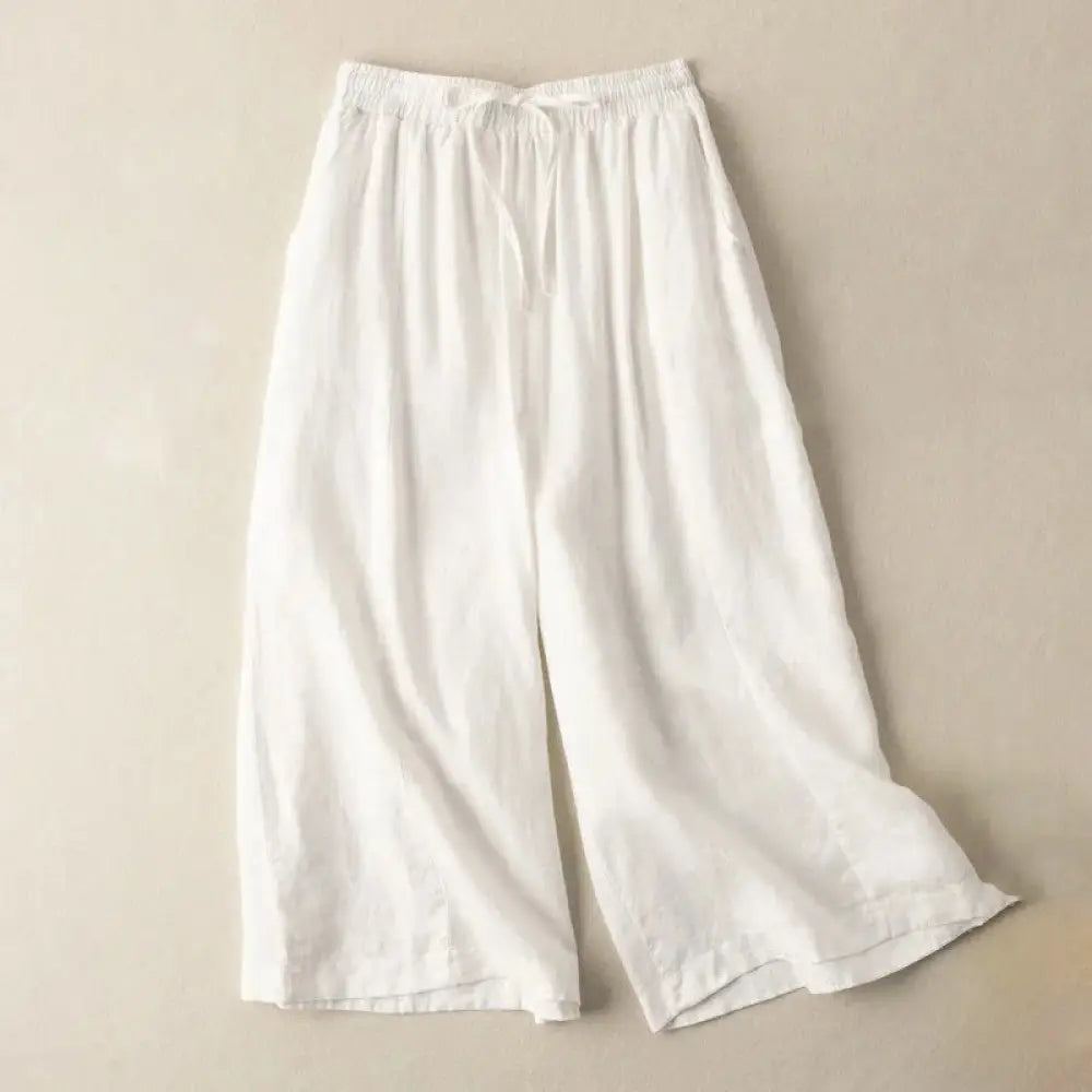 Buddha Stones Plain Color 7-8 Length Capri Cropped Pants Cotton Linen Women’s Wide Leg Pants With Pockets - White