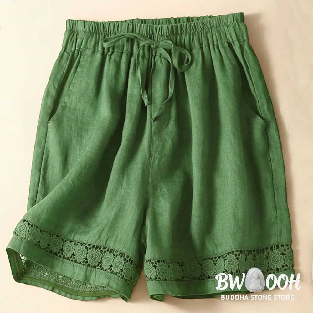 Buddha Stones Plain Color Bottom Hollow Lace Design Lace-up Cotton Women’s Shorts With Pockets - Women’s Shorts