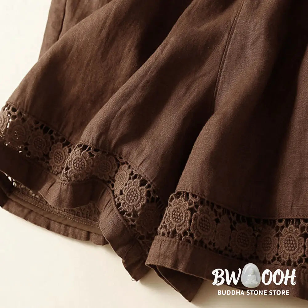 Buddha Stones Plain Color Bottom Hollow Lace Design Lace-up Cotton Women’s Shorts With Pockets - Women’s Shorts