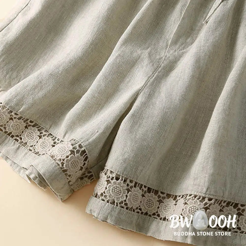Buddha Stones Plain Color Bottom Hollow Lace Design Lace-up Cotton Women’s Shorts With Pockets - Women’s Shorts