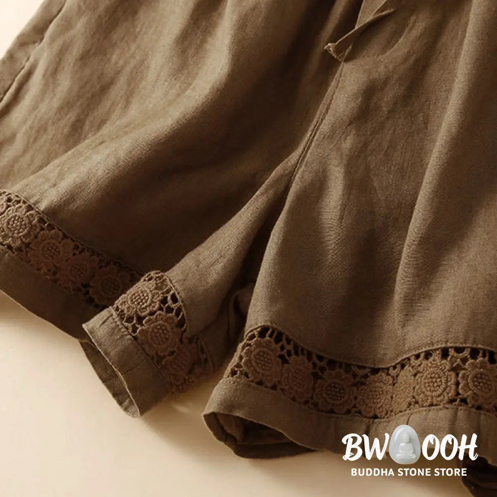 Buddha Stones Plain Color Bottom Hollow Lace Design Lace-up Cotton Women’s Shorts With Pockets - Women’s Shorts
